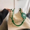 White popcorn textured handbag with green handle and floral charm accessory - White & Green