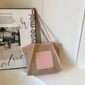 Borsa tote in paglia da donna con finiture in pelle rosa e grande capacità naturale - Rosa