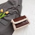 Brown faux leather shoulder bag with white fleece trim and metal chain strap - Brown