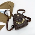 Mini dark brown backpack with beige M-pattern print and gold chain accent - Brown