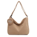 Minimalist light brown corduroy hobo bag with round coin purse charm and zipper closure - Khaki