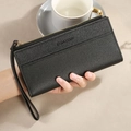 Long black litchi leather wallet with golden zipper and wristlet for women - Black