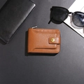 Brown short wallet with litchi texture and golden star buckle on grey background - Brown