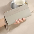 Gray long pebbled leather wallet with wristlet and gold zipper for women - Gray
