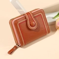 Brown litchi leather women's short wallet with V-shaped embroidery and zip closure - Brown