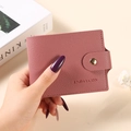 Short dusty pink lychee leather card wallet with gold snap button and debossed logo - Deep Pink