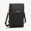 Black litchi pattern leather vertical crossbody phone bag with double zippers - Black