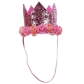 Rosa Glitzer Geburtstagskrone für Kinder mit Schaumrosen und Gummiband auf Weiß - Paillettenrosa-Stil (WBAB202298)
