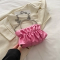 Pink pleated cloud handbag featuring a luxury rhinestone handle and silver chain strap - Pink