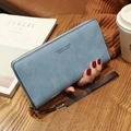 Light blue long women's wallet in litchi grain PU leather with woven wristlet strap - Dark Blue