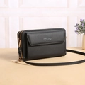 Women's black faux leather crossbody bag with dual zippers and golden metal hardware - Black