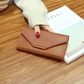 Elegant brown leather long wallet for women with V-shaped flap and gold metal bar - Long Style (19cmx9.5cmx1.5cm) / Coffee