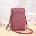Bean paste purple multi-layer PU leather crossbody phone bag with three zipper pockets - Deep Pink