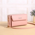 Pink crossbody phone bag in textured synthetic leather with double golden zippers and strap - Pink