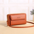 Brown leather crossbody phone bag with double zippers and golden hardware details - Brown