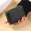 Black lychee pattern PU leather card holder wallet with dual gold zippers and accordion fold - Black