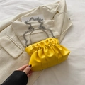 Chic bright yellow pleated cloud handbag with rhinestone handle and silver chain strap - Yellow