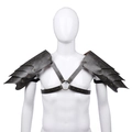 Medieval viking leather shoulder armor with dragon scale design and brass rivets - Gray Black (WDG201739)
