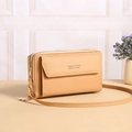 Crossbody phone bag with double zippers and magnetic flap in light khaki leather finish - Apricot