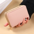 Pink lychee texture PU leather double zipper card wallet held in hand for women - Pink