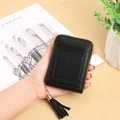Black RFID PU leather accordion card holder with tassel charm and external card slot - Black