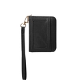 Black pebbled leather accordion card holder with transparent ID window and wristlet strap - Black