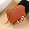 Brown litchi pattern leather wallet with double zippers and golden metal puller - Brown