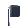 Dark blue leather card holder with litchi texture, transparent ID slot and wrist strap - Blue