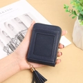 Dark blue pebbled leather RFID card wallet with transparent ID window and tassel charm - Dark Blue