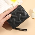 Compact black tri-fold wallet for women with heart embroidery and wristlet strap - Black