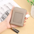 Gray lychee grain leather RFID card holder with tassel detail and clear window - Gray