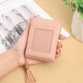 Pink RFID leather card holder with tassel zipper and transparent ID window - Pink