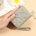 Gray PU leather mini wallet featuring quilted heart embroidery and gold zipper detail - Gray