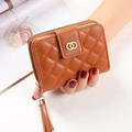 Brown quilted short wallet for women featuring a gold ring buckle and tassel zipper - Brown