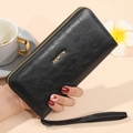 Cartera larga de cuero encerado negro con cremallera dorada y correa de muñeca extraíble - Negro