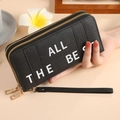 Cartera larga para mujer en cuero sintético negro con doble cremallera y texto - Negro