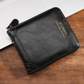 Men's vintage black oil wax leather wallet with zipper closure and litchi texture finish - Black