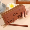 Cartera larga marrón con doble cremallera y asa de muñeca para mujer de moda - Marrón