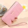 Cartera larga rosa para mujer de cuero encerado con cremallera y correa de mano - Rosa