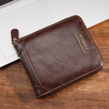 Men's dark brown retro oil wax leather wallet with zipper and buckle closure - Coffee