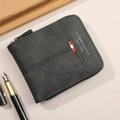 Dark grey men's bifold zipper wallet in matte leather with tricolor ribbon detail - Black