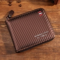 Men's brown carbon fiber pattern wallet with L-shaped zipper and leather puller - Coffee
