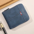 Short vintage blue leather wallet for men with secure zipper closure and classic texture - Blue