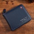 Men's navy blue carbon fiber wallet with zipper and red-white stripe detail - Blue