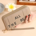 Fashionable khaki long double-zip wallet in litchi grain leather with wrist strap - Khaki