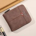 Men's dark brown short zipper wallet in vintage leather with tricolor ribbon detail - Coffee