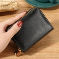Black RFID leather card holder with double gold zippers and lychee grain texture - Black