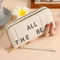 Cream white long clutch wallet with ALL THE BEST print and double zipper design - White