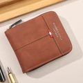 Short brown leather zip wallet for men with tricolor stripe detail and retro texture - Brown