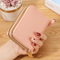 Porte-cartes en cuir synthétique rose avec double fermeture éclair dorée et accordéon - Rose Clair